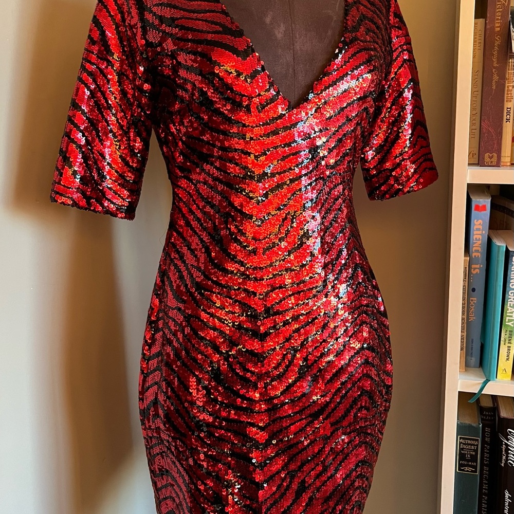 Zebra Print Red Sequin Dress Open Back Sexy Glamorous Cleavage